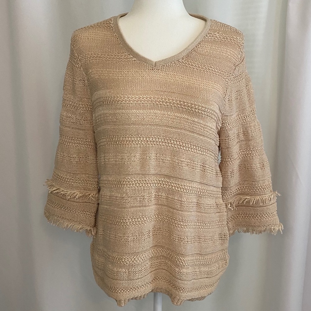 Chico's NWT Tan Pointelle Knit Sweater Fringe Sleeves Size M‎